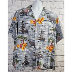 VTG Kalaheo Battleship Hawaiian Print Button Up Top XL Lightweight Short Sleeves